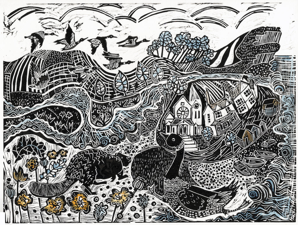 Budleigh Salterton, sea and river linocut