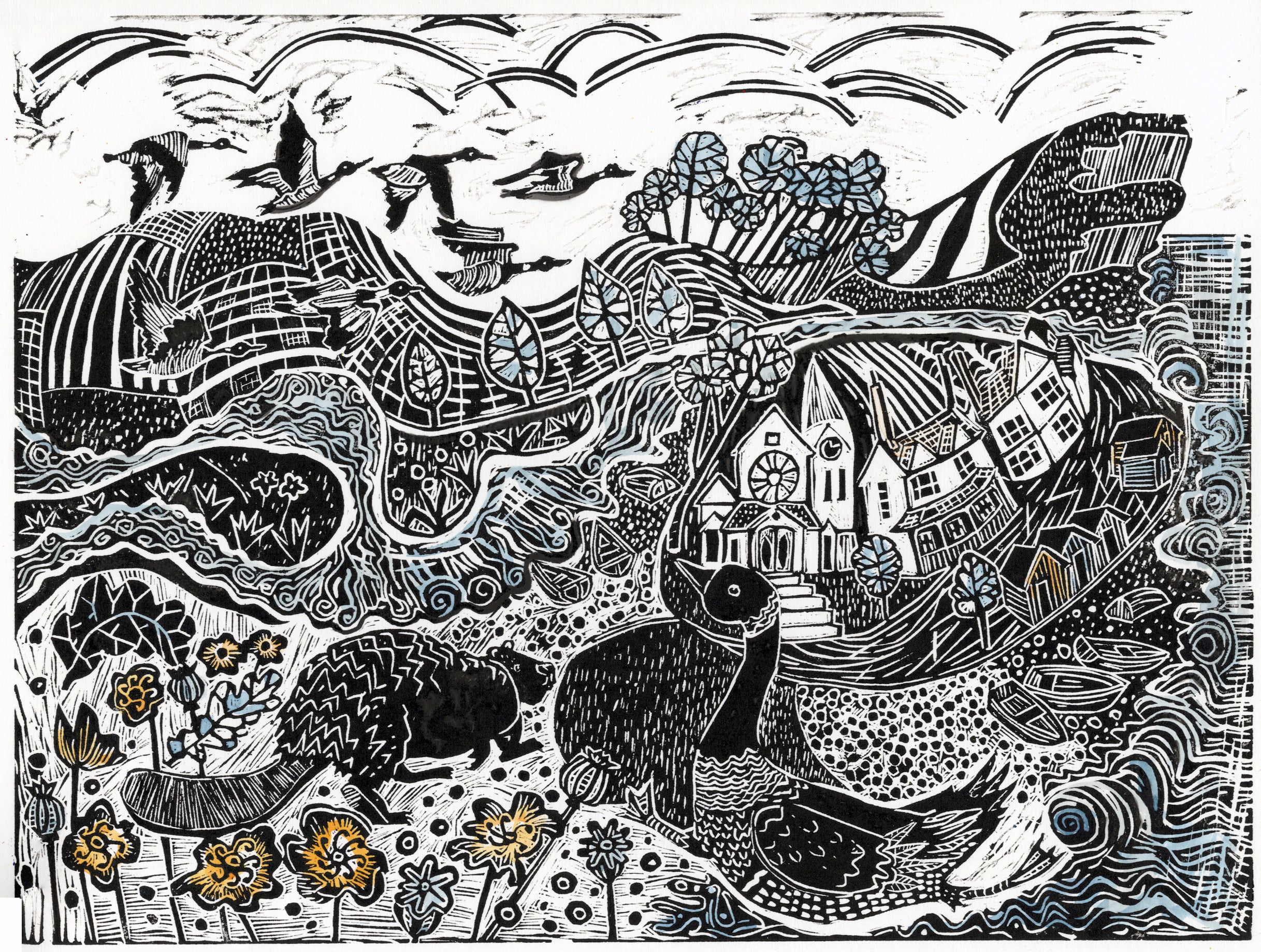 Budleigh Salterton, sea and river linocut