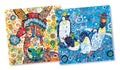 A set of two Christmas cards with vibrant, abstract designs featuring donkeys and penguins in a colorful, psychedelic style.