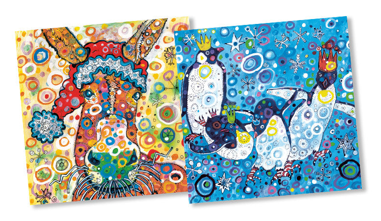 A set of two Christmas cards with vibrant, abstract designs featuring donkeys and penguins in a colorful, psychedelic style.