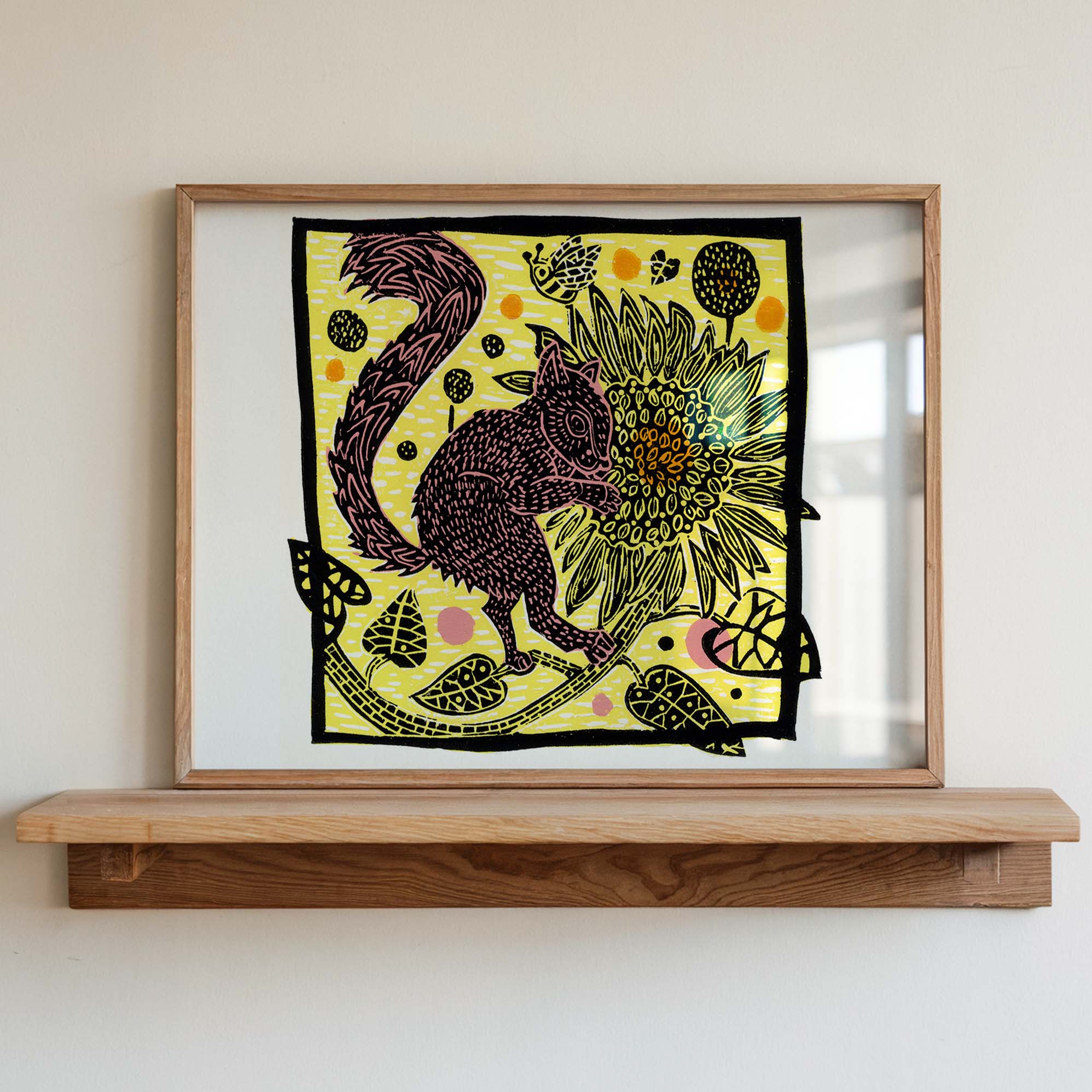 Squirrel & Sunflowers Linocut