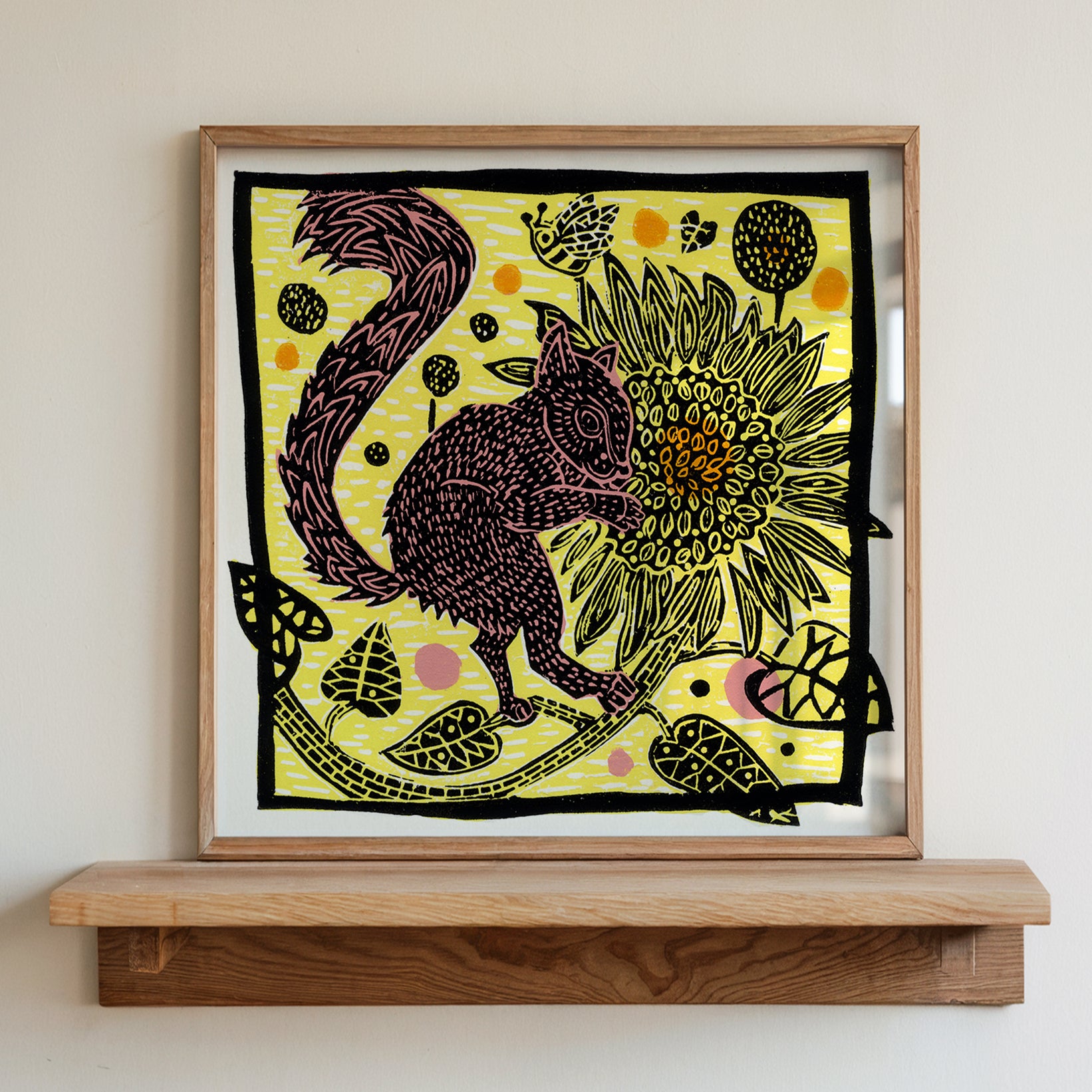 Squirrel & Sunflowers Linocut