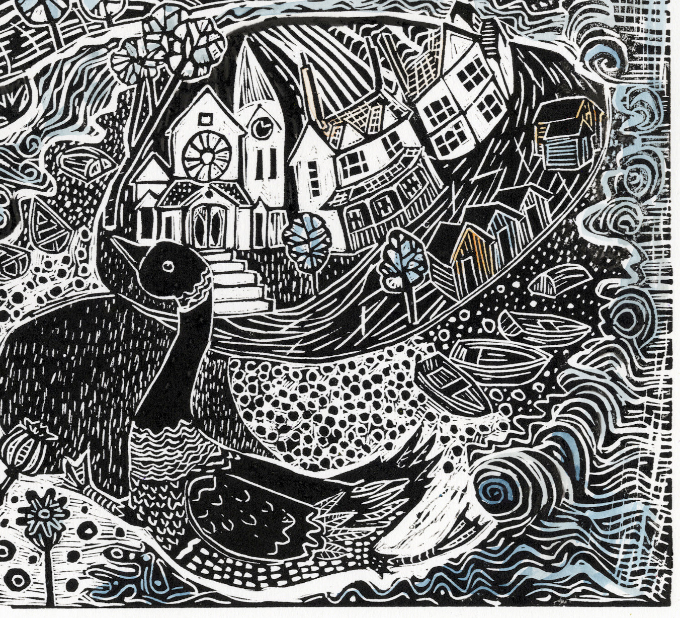 Budleigh Salterton, sea and river linocut