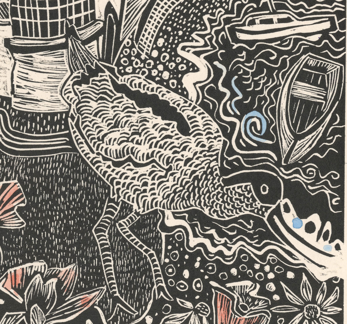 "Home on the river."Topsham  Linocut