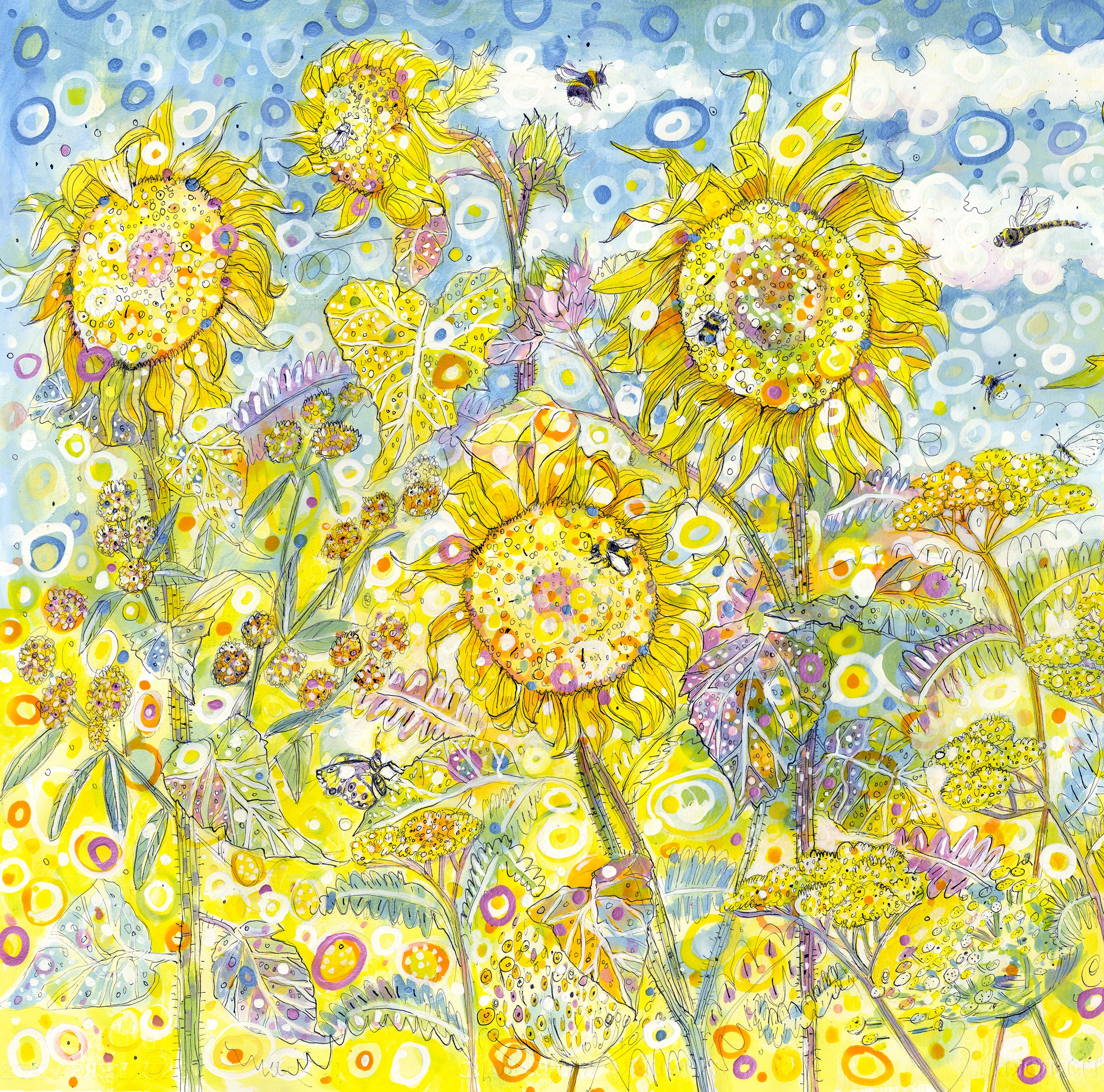 Golden sunflowers with bees card