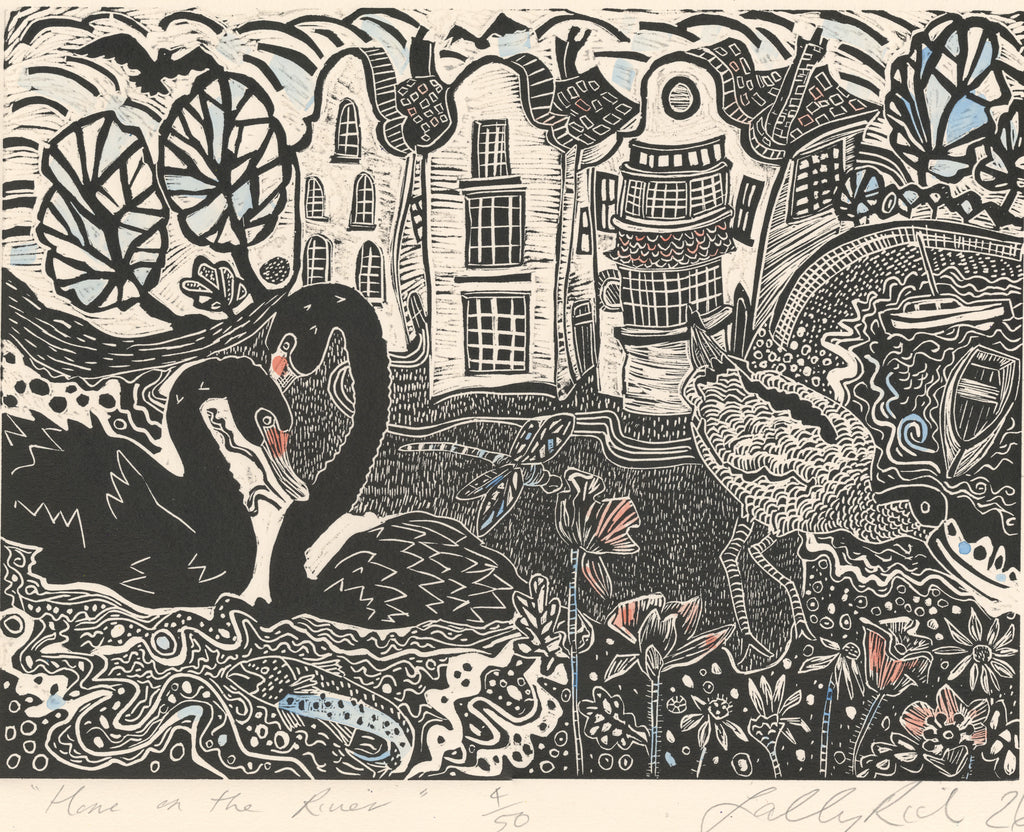 "Home on the river."Topsham  Linocut