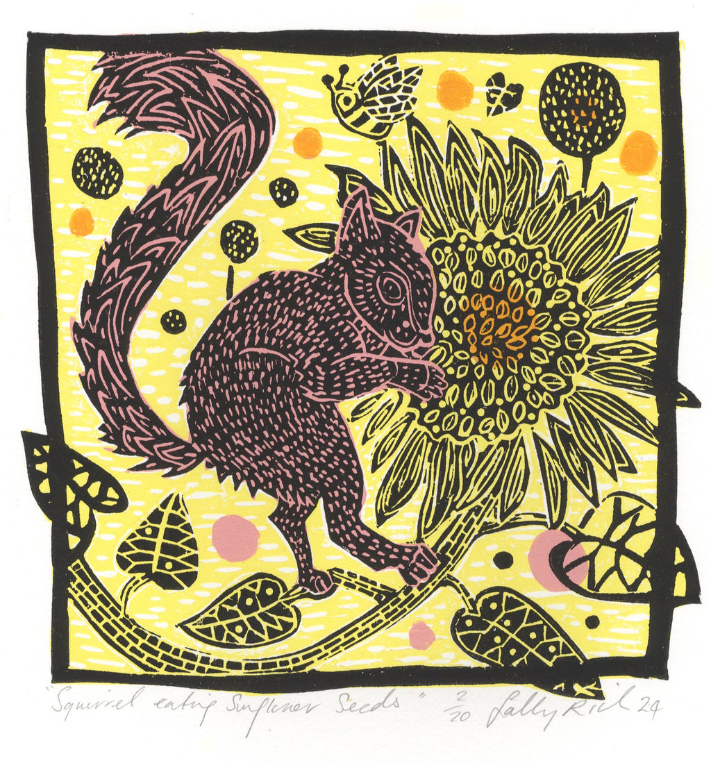 Squirrel & Sunflowers Linocut