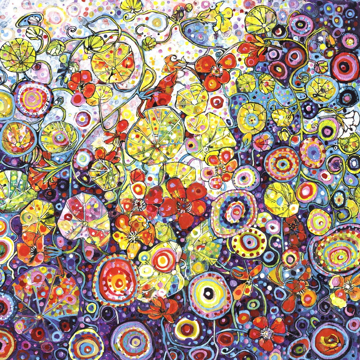 A vibrant, dense floral artwork filled with swirling circles, concentric dots, and stylized flowers in bright yellow, red, orange, purple, blue, green, and pink on a multicolored background. nasturtiums